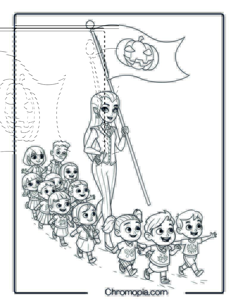 Ericka Van Helsing Leading a Halloween Monster School Parade Coloring Page