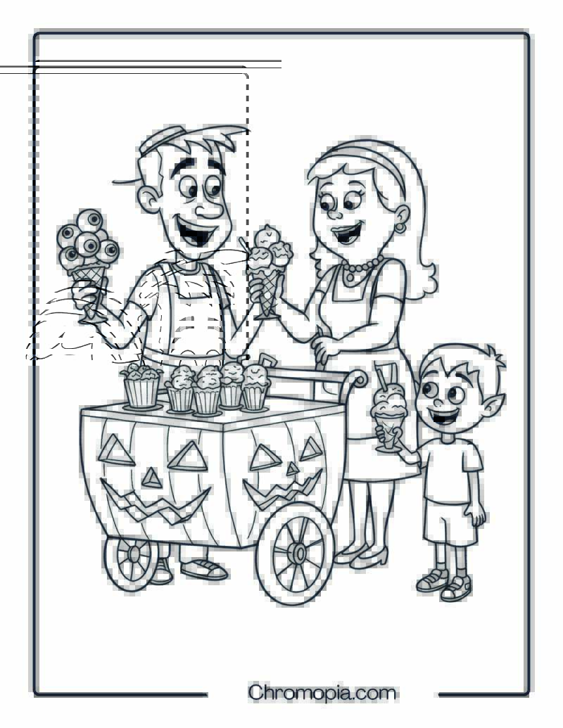 Frankenstein and Eunice as Halloween Ice Cream Vendors Coloring Page