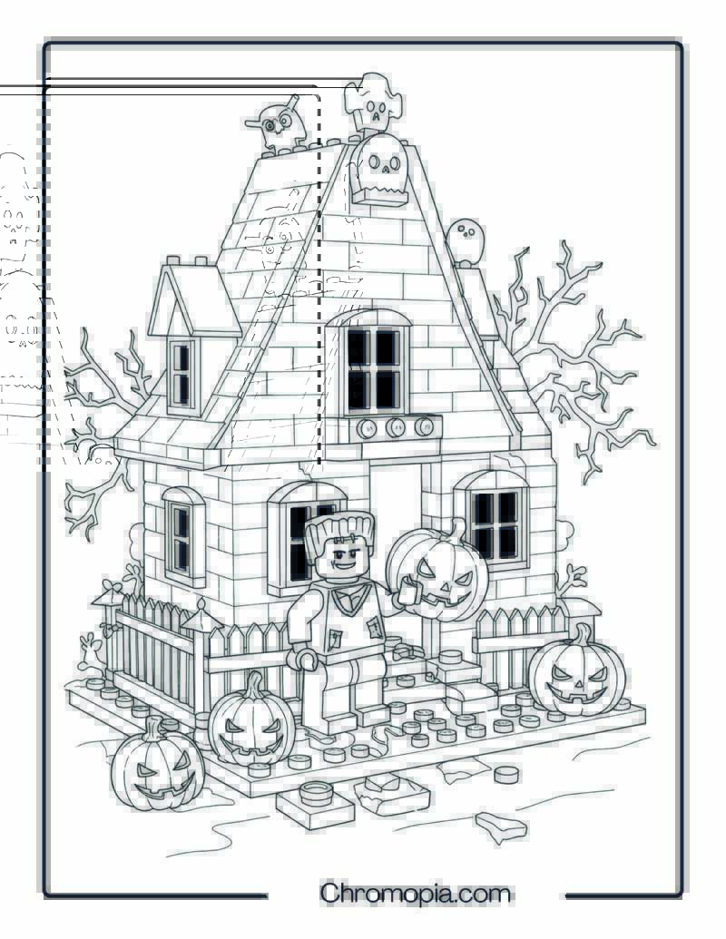LEGO Frankenstein Building a Halloween Haunted House Coloring Page