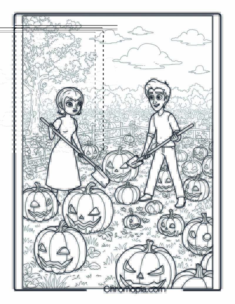 Minecraft Mavis and Johnny Picking Blocky Pumpkins Coloring Page