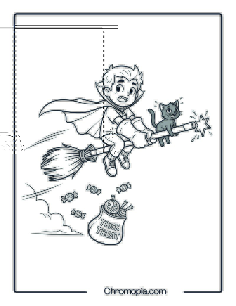 Halloween Magician Kid Flying on a Wand coloring page