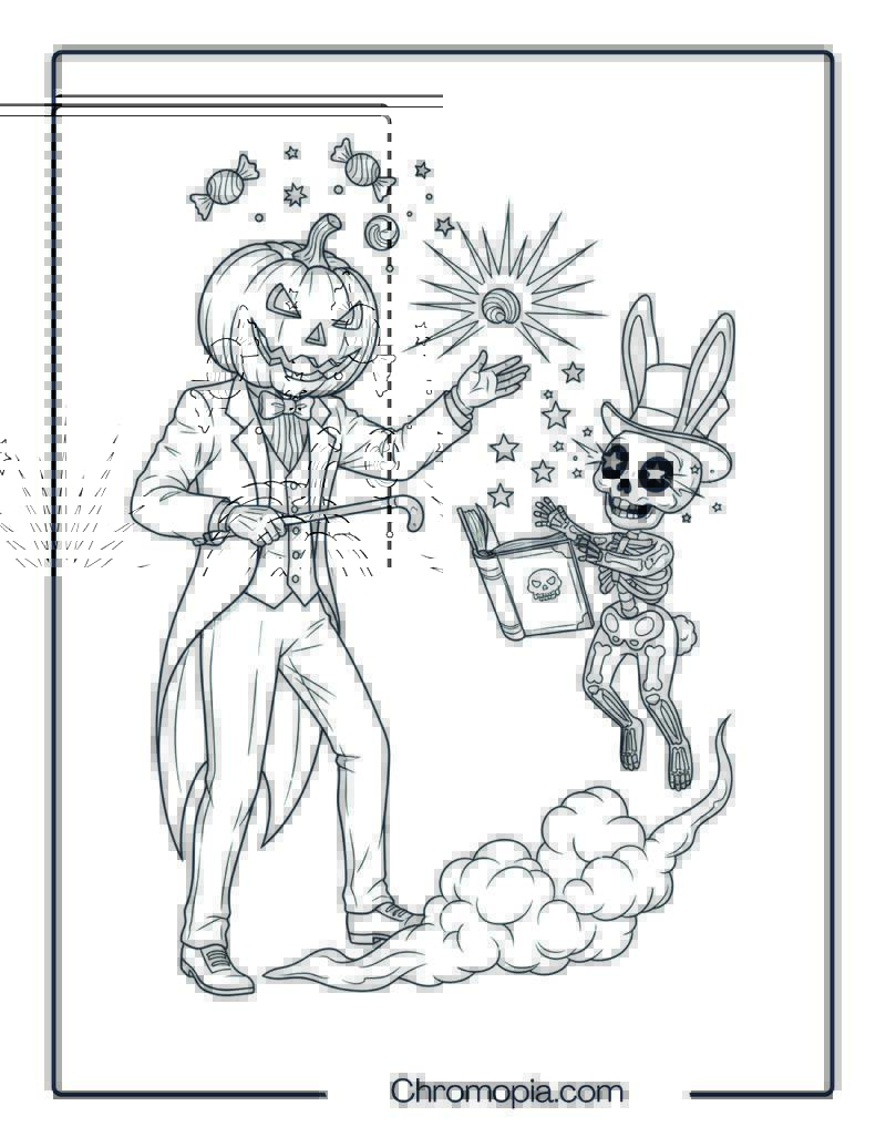 Pumpkin Head Magician and Skeleton Bunny coloring page
