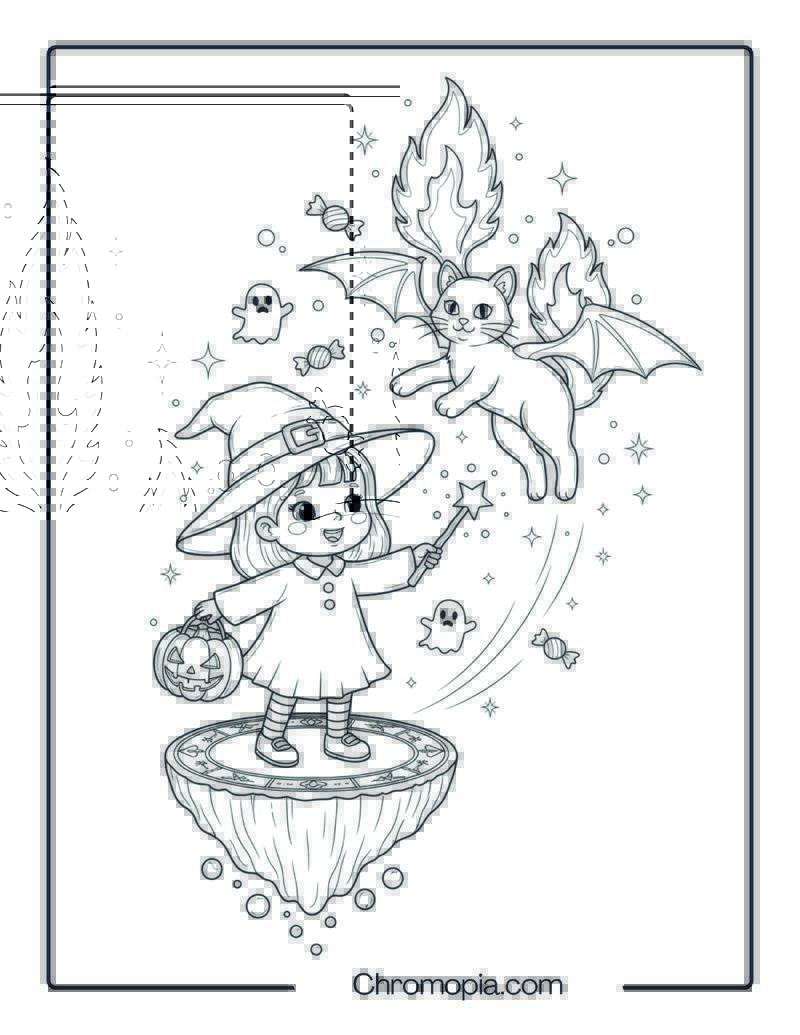 Witch Kid Summons Magical Cat coloring page