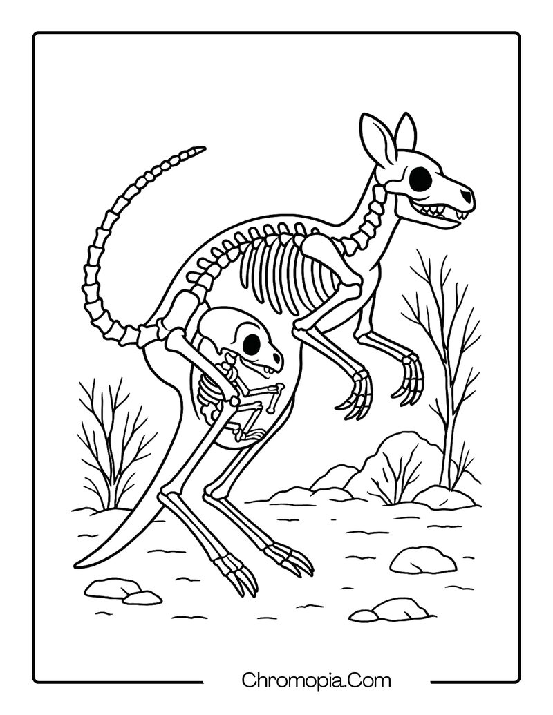 Kangaroo Skeleton with Joey – Animal Skeleton coloring page
