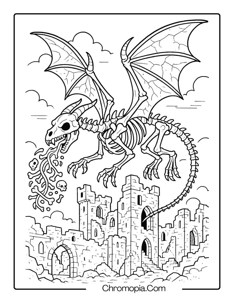 Skeleton Dragon Flying Over Castle Ruins – Skeleton Dragon coloring page