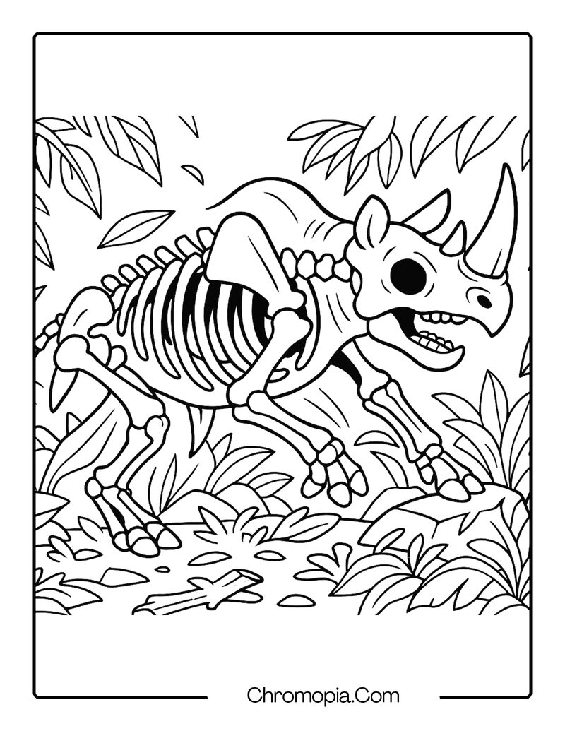 Skeleton Rhino Charging Through Jungle – Animal Skeleton coloring page