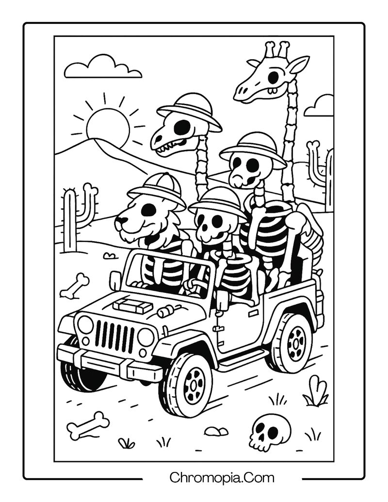 Skeleton Safari Group in Jeep – Animal Skeleton coloring page