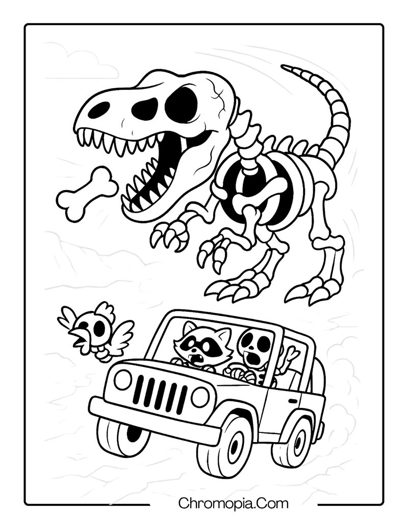 T-Rex Skeleton Chasing a Jeep – T Rex Skeleton coloring page