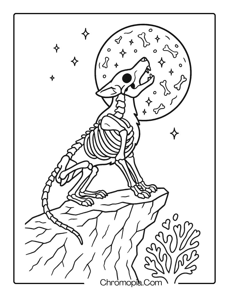 Wolf Skeleton Howling at the Moon – Animal Skeleton coloring page