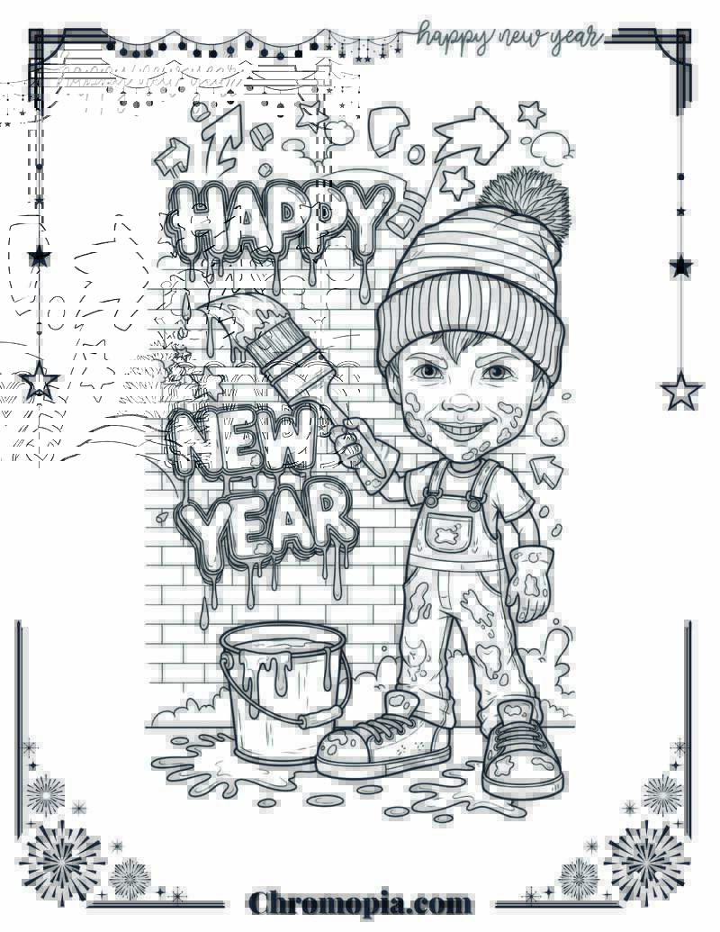 Caricature Style with Graffiti Street Art Happy New Year Coloring Page