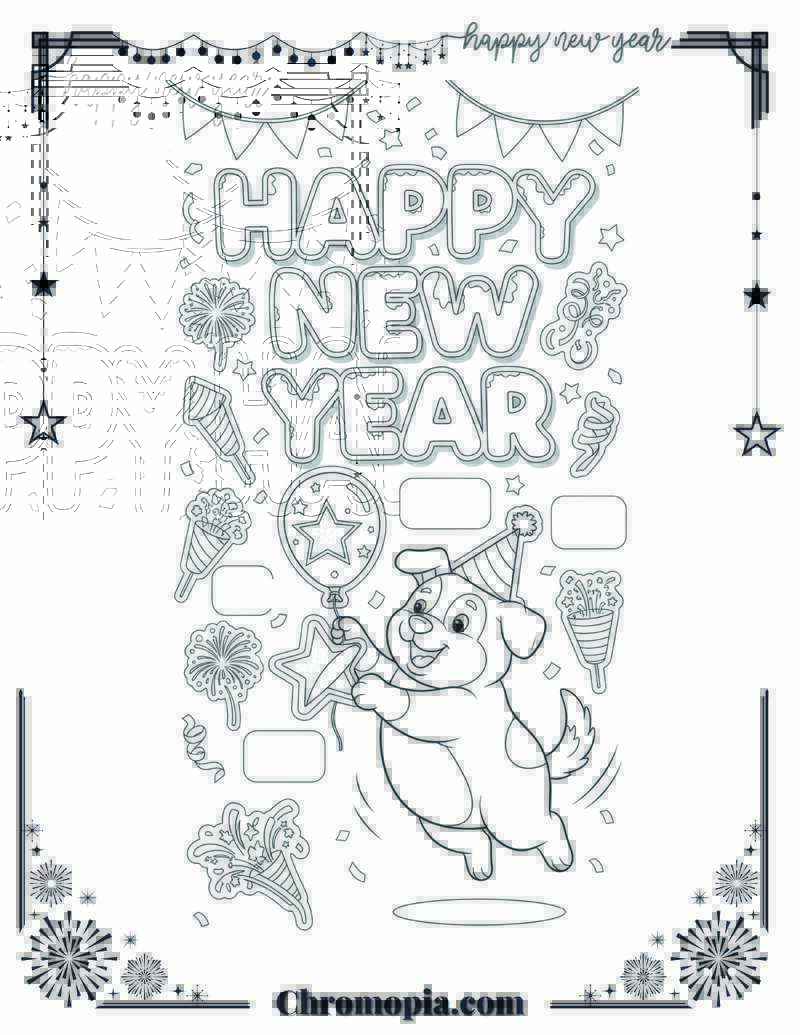 Cartoon Sticker Sheet Style Happy New Year Coloring Page
