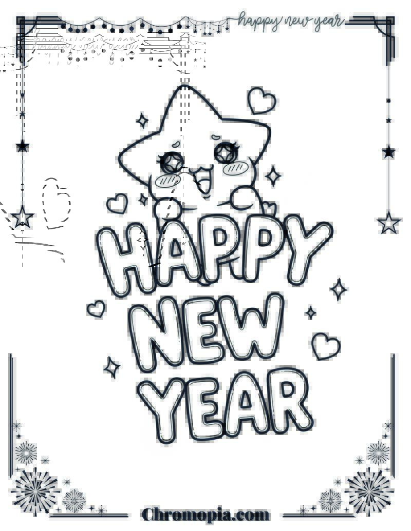 Chibi and Kawaii Style Happy New Year Coloring Page