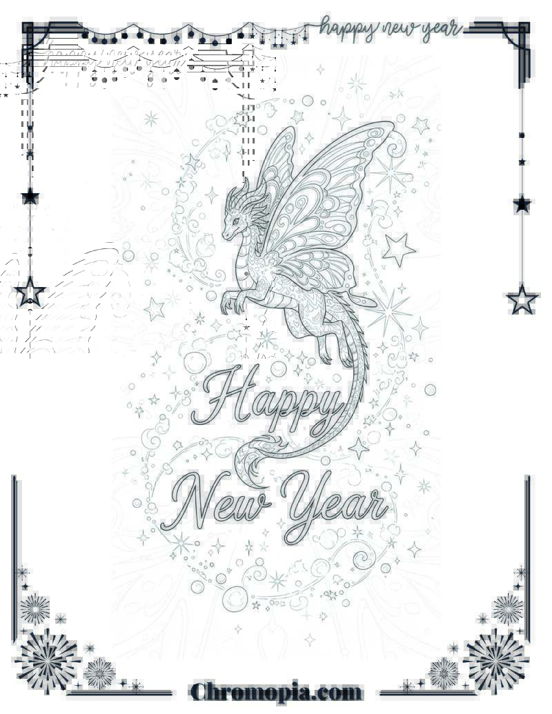 Fantasy Glow Ethereal Style Happy New Year Coloring Page