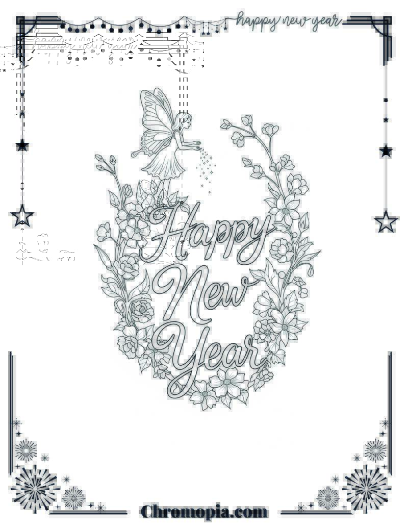 Floral Art Happy New Year Coloring Page