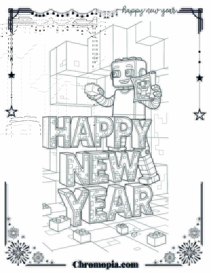 Lego and Minecraft Style Happy New Year Coloring Page