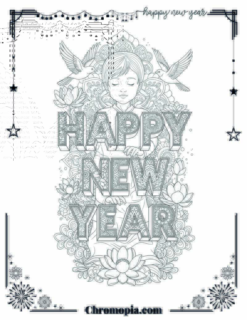 Mandala Art Happy New Year Coloring Page