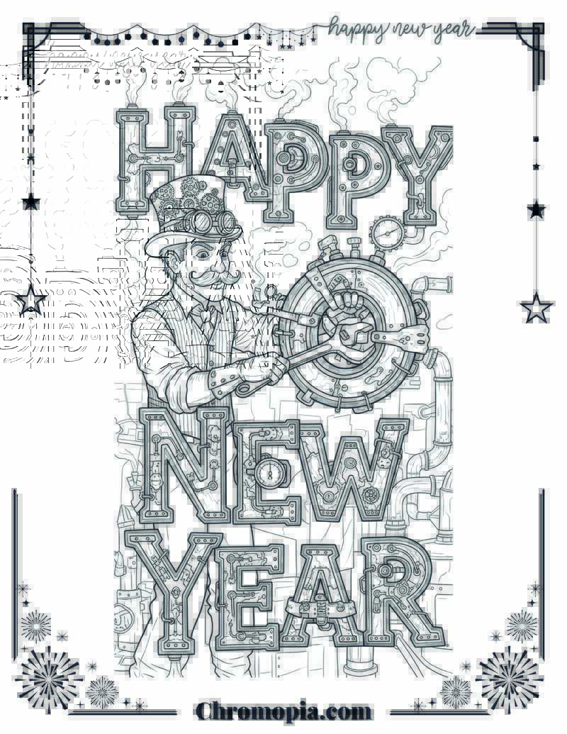 Mechanical Steampunk Style Happy New Year Coloring Page