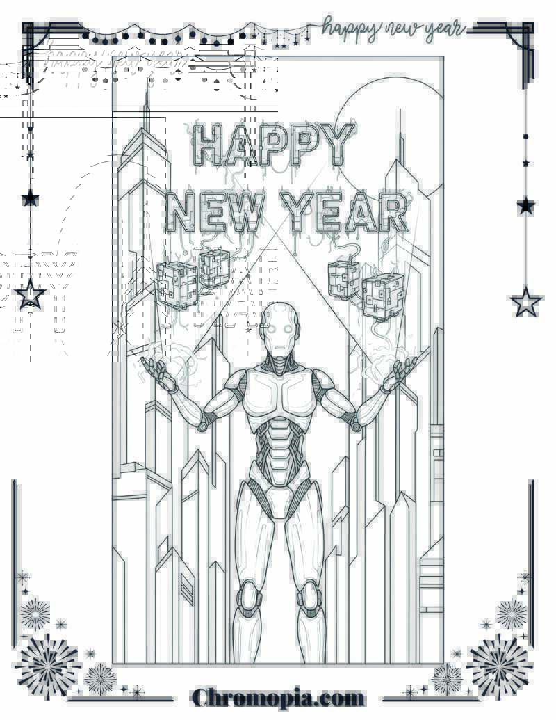Sci-Fi Futuristic Robotic Style Happy New Year Coloring Page