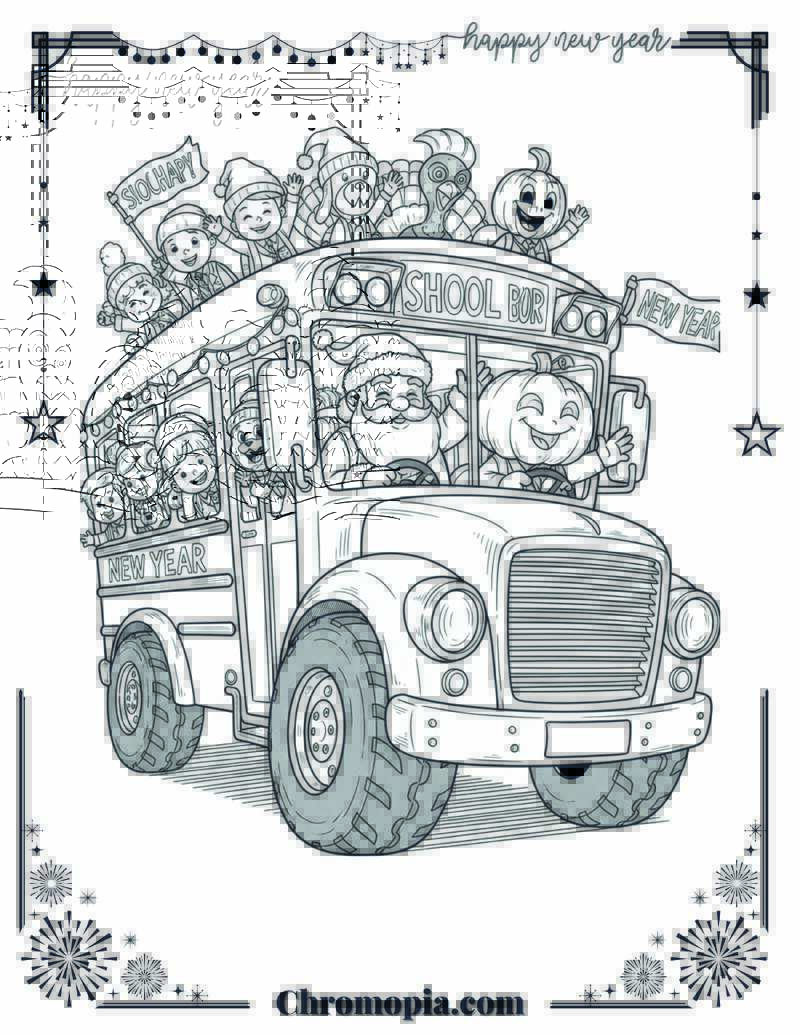 Cartoonish School Bus with Santa, Turkey & Pumpkin Drivers Coloring Page