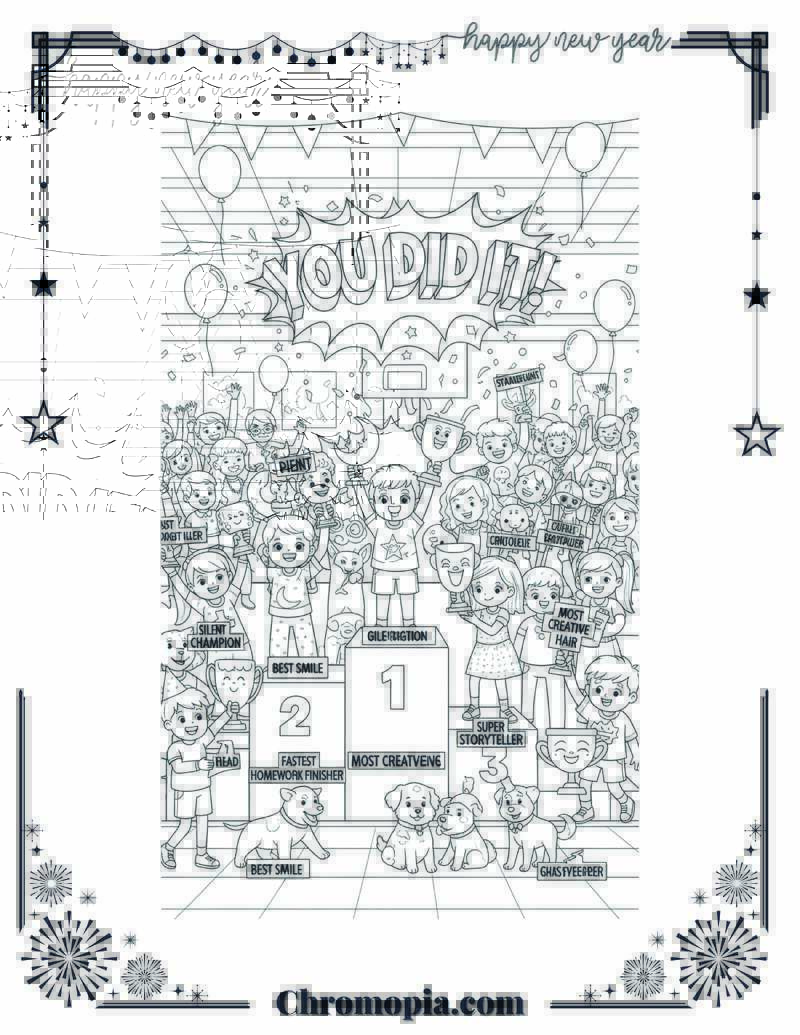New Year Achievement Trophy Ceremony with Cartoon Crowd Coloring Sheet