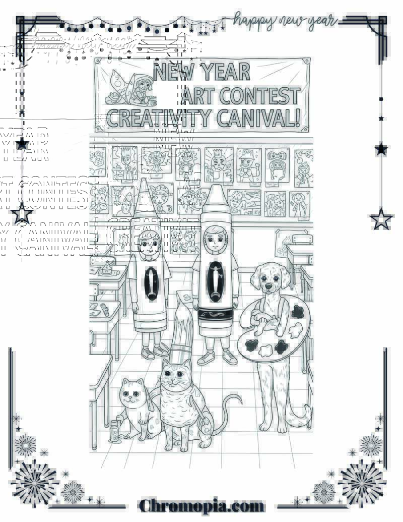 New Year Art Contest with Wacky Costumes Coloring Page