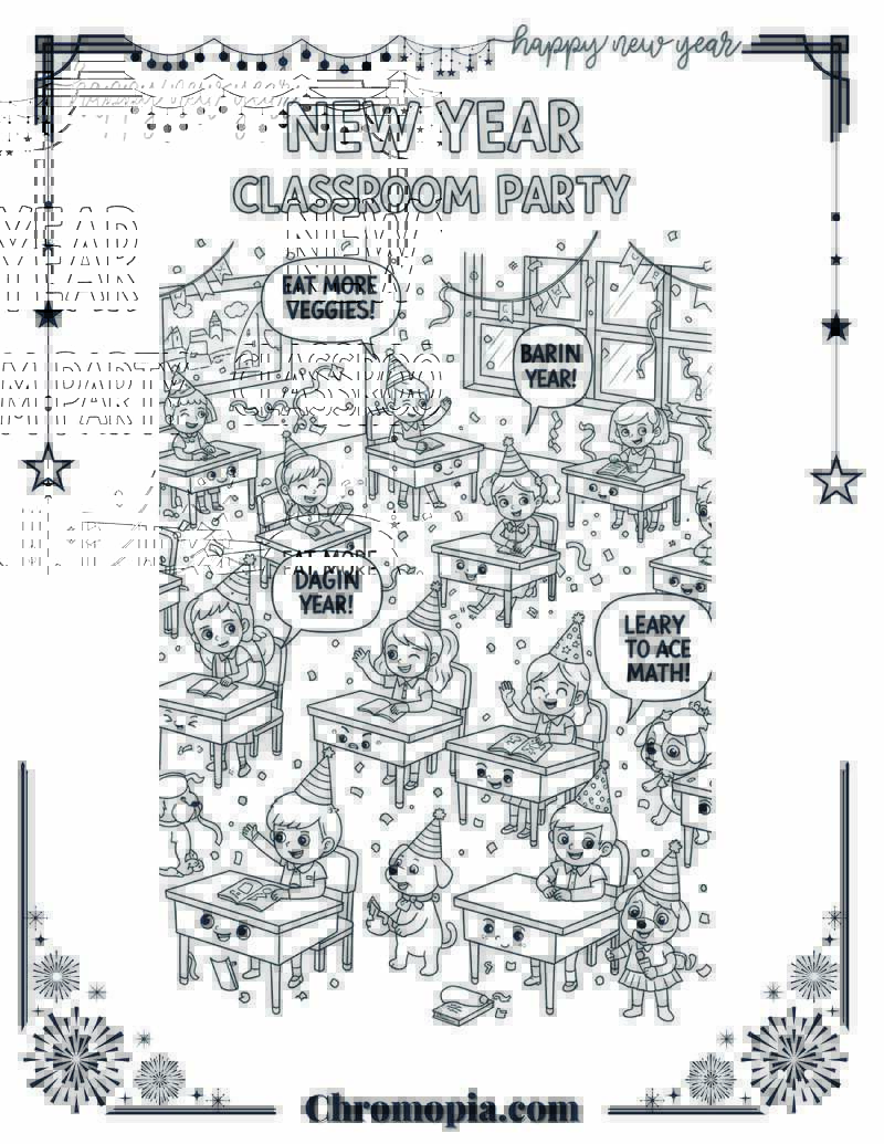 New Year Classroom Party with Dancing Desk Buddies Coloring Sheet