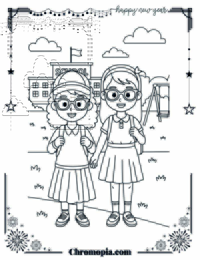 New Year’s Resolutions Tree in Schoolyard Coloring Sheet