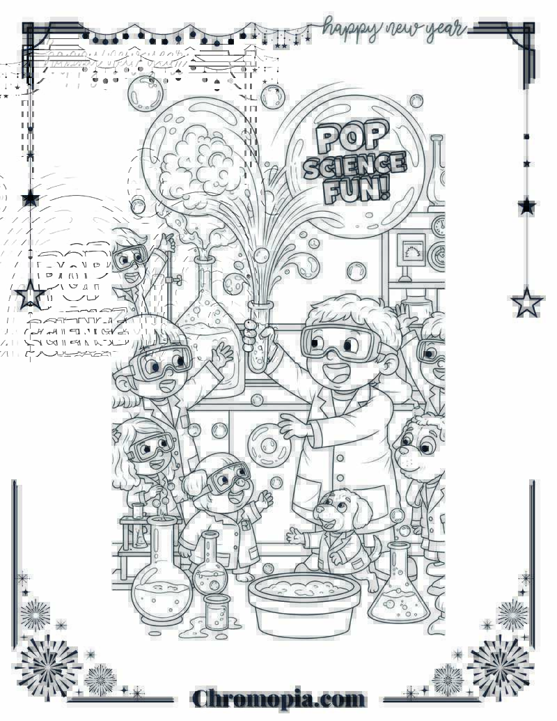 New Year’s Science Lab with Bubble Blowing Experiments Coloring Page