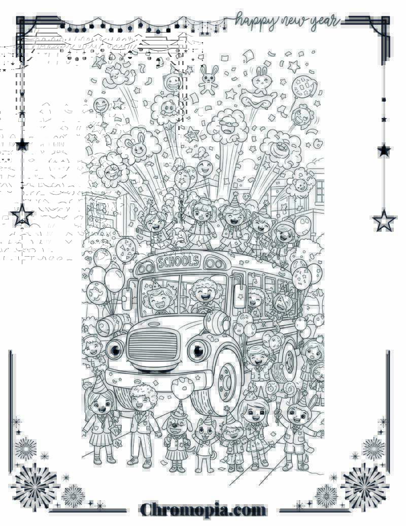 School Bus Parade with Cartoonish Confetti Explosion Coloring Sheet