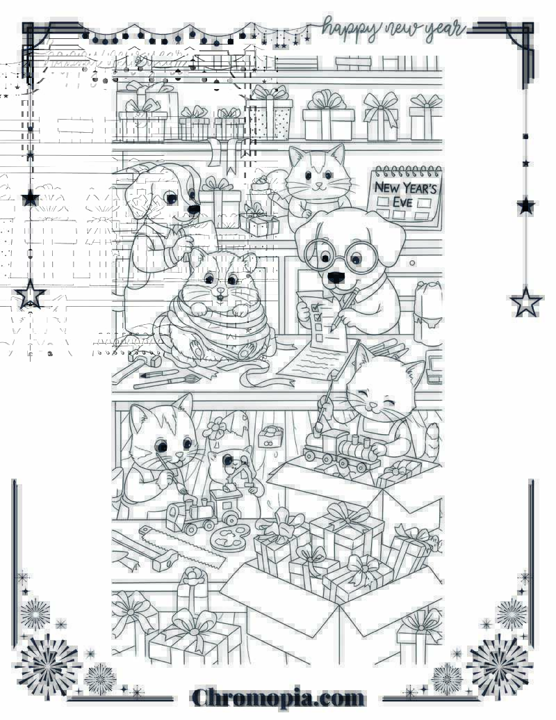 Busy New Year Workshop with Toy-Making Pets Coloring Page