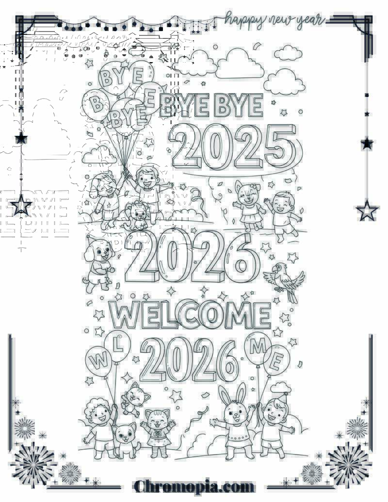 Bye Bye 2025 & Welcome 2026 Balloon Bash Coloring Sheet