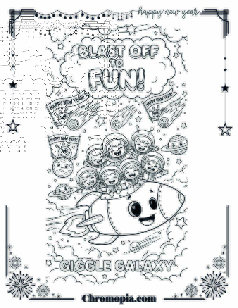 Giggle Galaxy New Year Rocket Ride Coloring Sheet