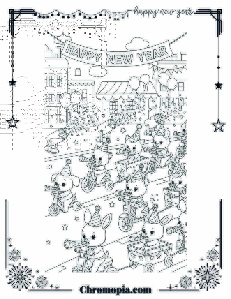 Happy New Year Parade with Cute Animals Coloring Page