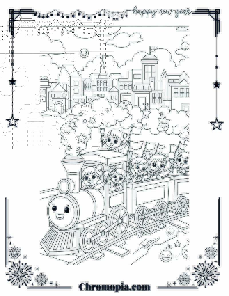 Happy New Year Toy Train Ride Coloring Page