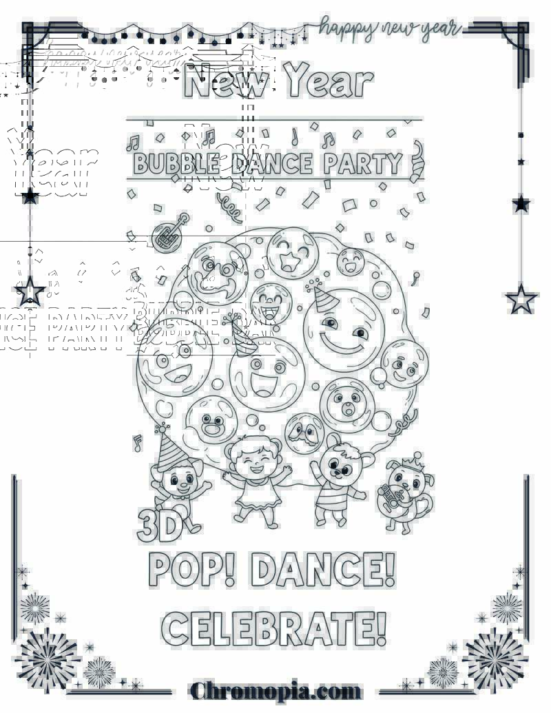 New Year Bubble Dance Party Coloring Sheet
