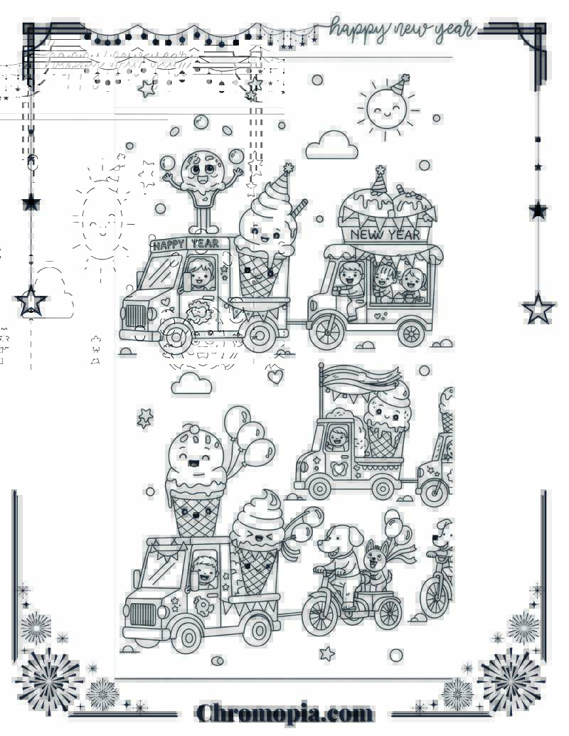 New Year Ice Cream Party on Wheels Coloring Page
