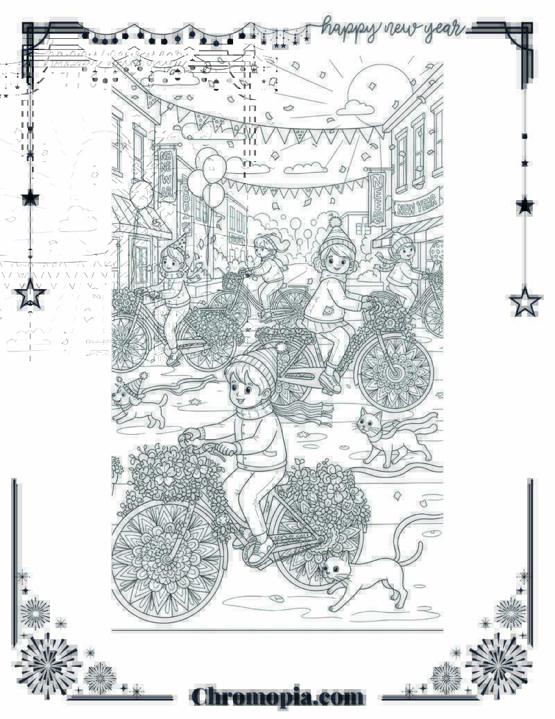 Floral Bicycle Parade Joyful New Year Ride Coloring Page