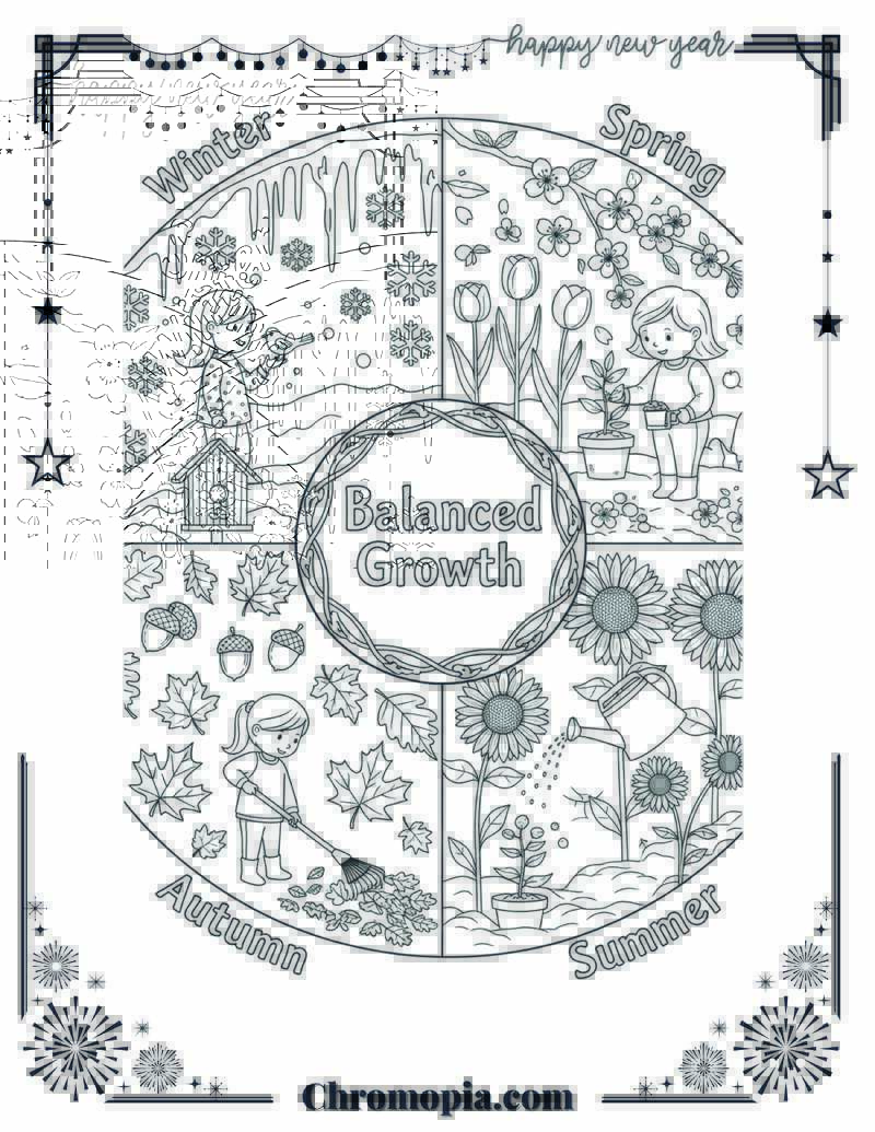 Healing Wheel of Seasons Balanced Growth Coloring Sheet