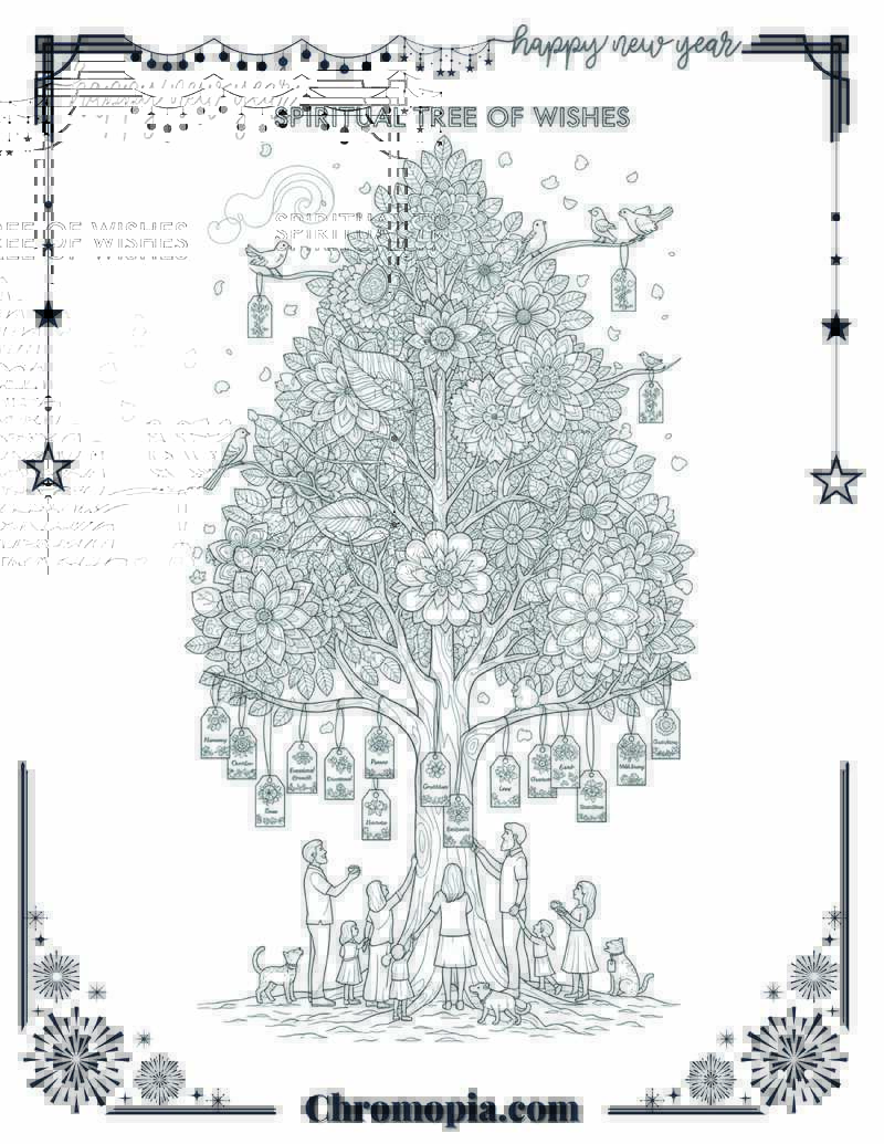 Spiritual Tree of Wishes Intentions Harmony Coloring Sheet