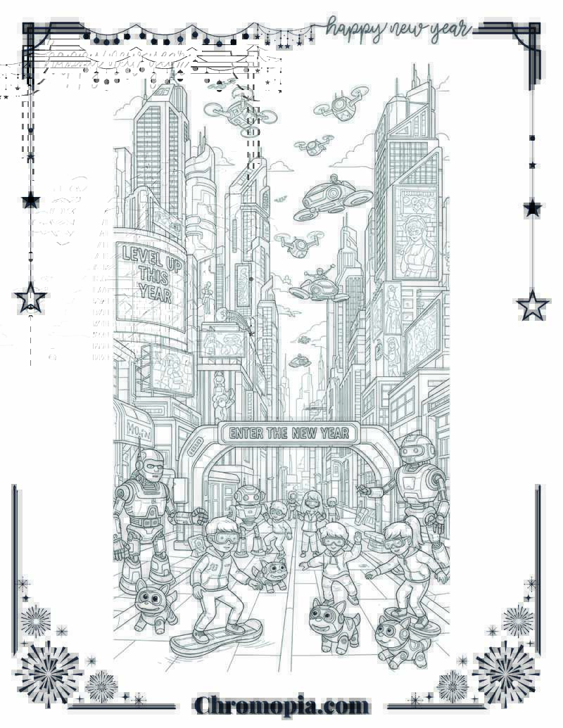 Futuristic Cyberpunk Cityscape Coloring Page