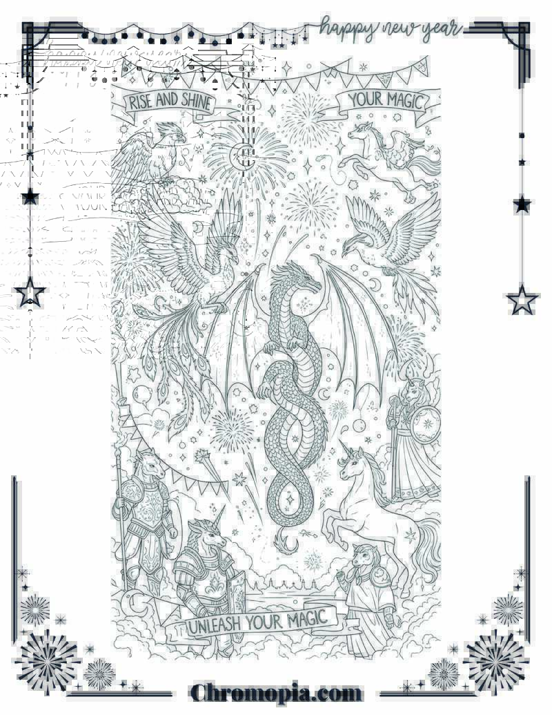 Mystical Creatures Fireworks Festival Coloring Sheet