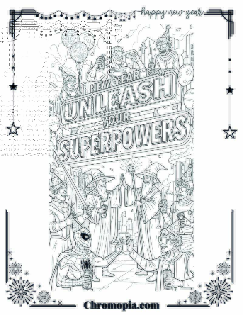 Pop Culture Mashup Epic New Year Crossroads Coloring Sheet