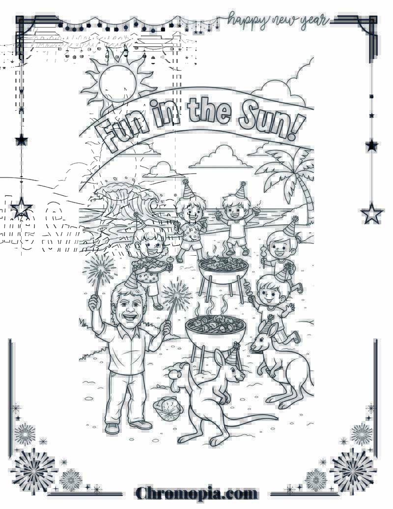 Australia & Summer New Year Beach BBQ Coloring Page