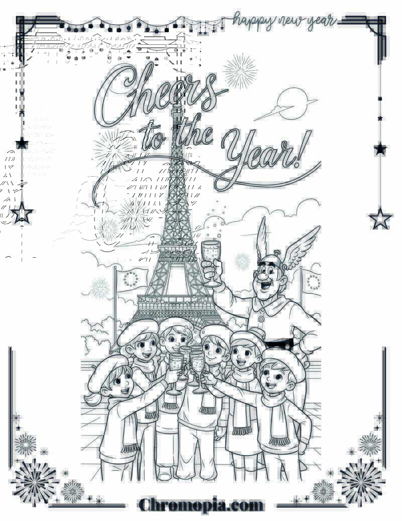 France & European New Year Toast Coloring Sheet