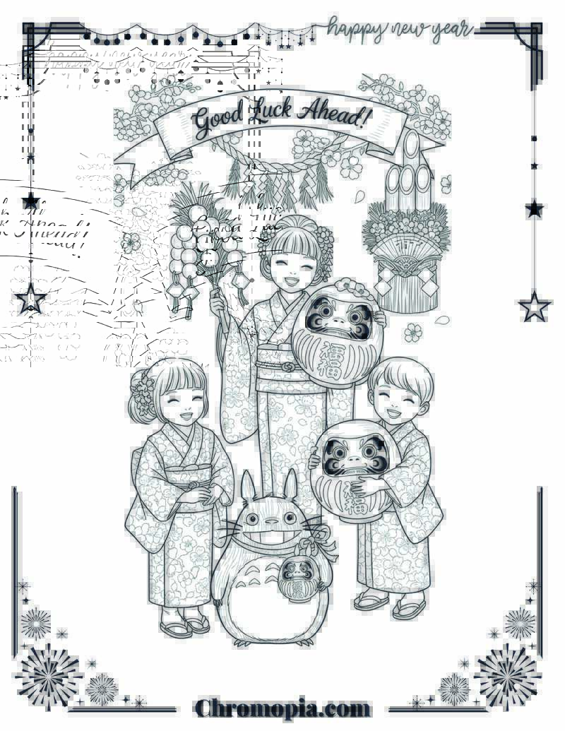 Japan & Shogatsu New Year Celebration Coloring Page