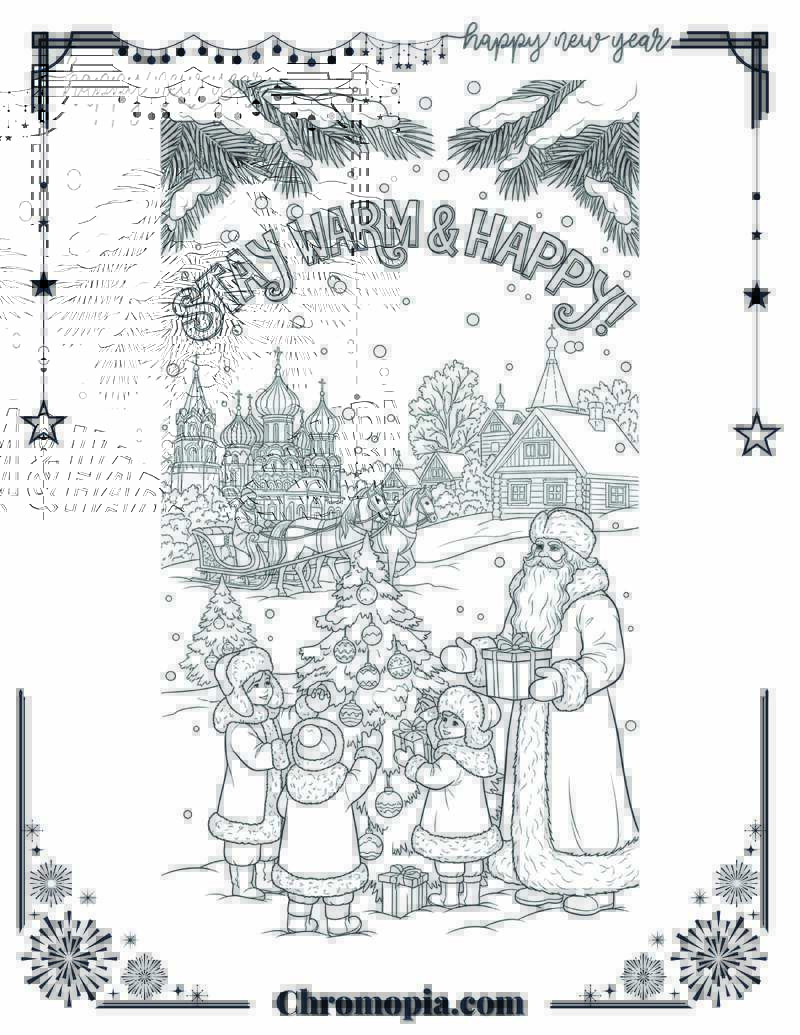 Russia & Orthodox New Year Winter Scene Coloring Page