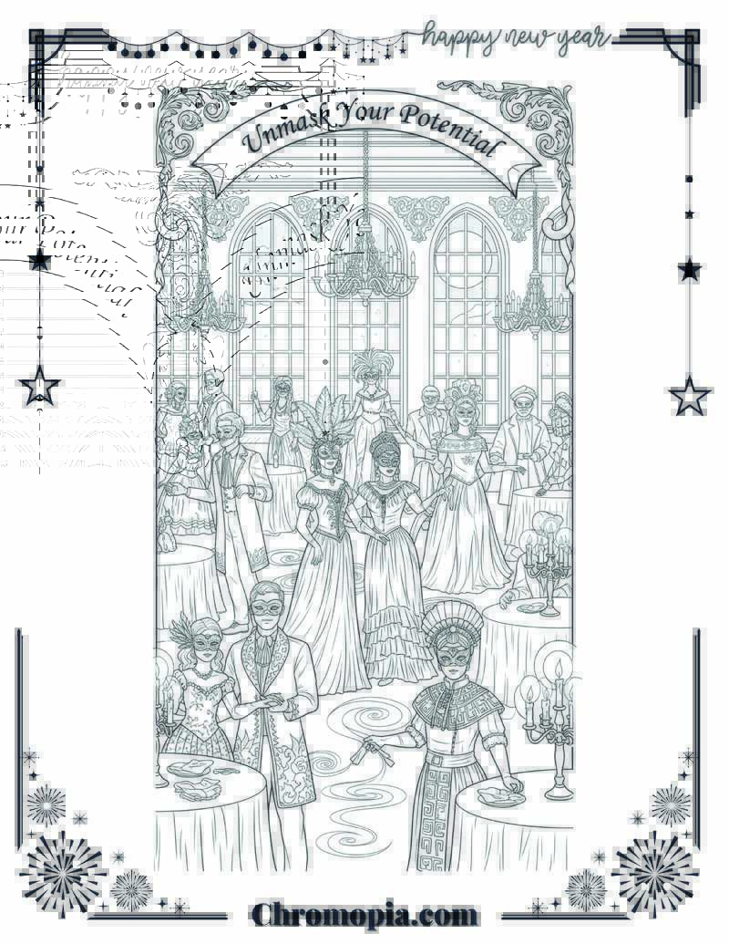 Elegant Masquerade at Midnight Ballroom Coloring Page