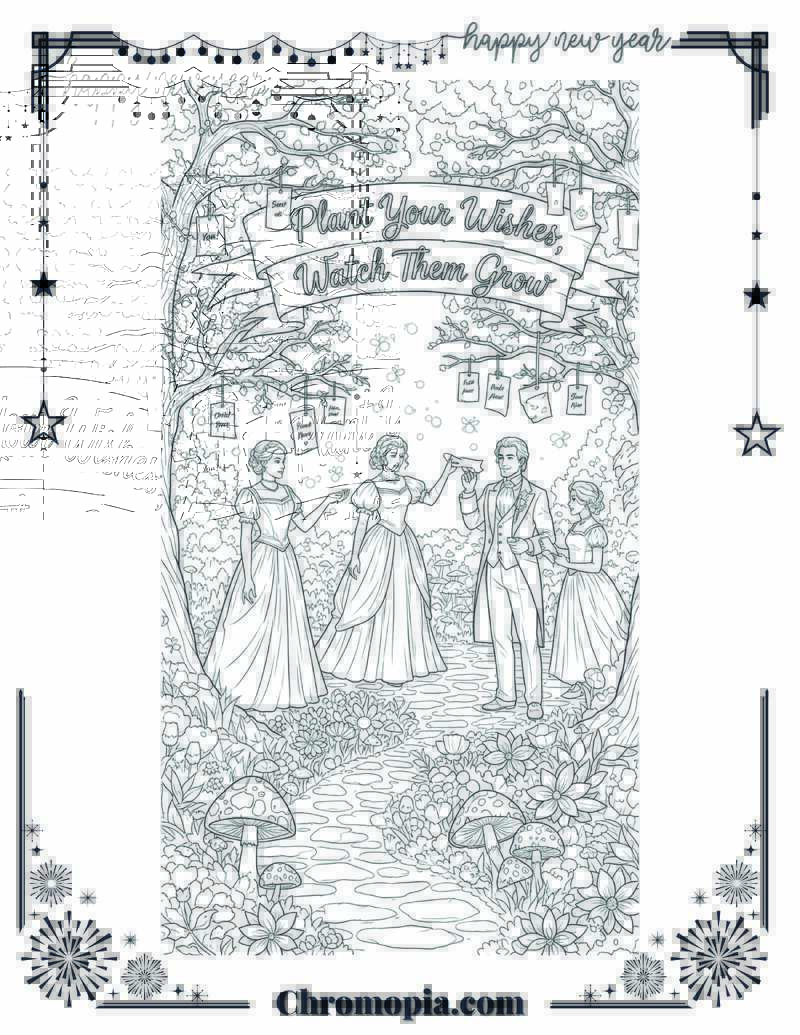 New Year’s Garden of Wishes Fantasy Coloring Page