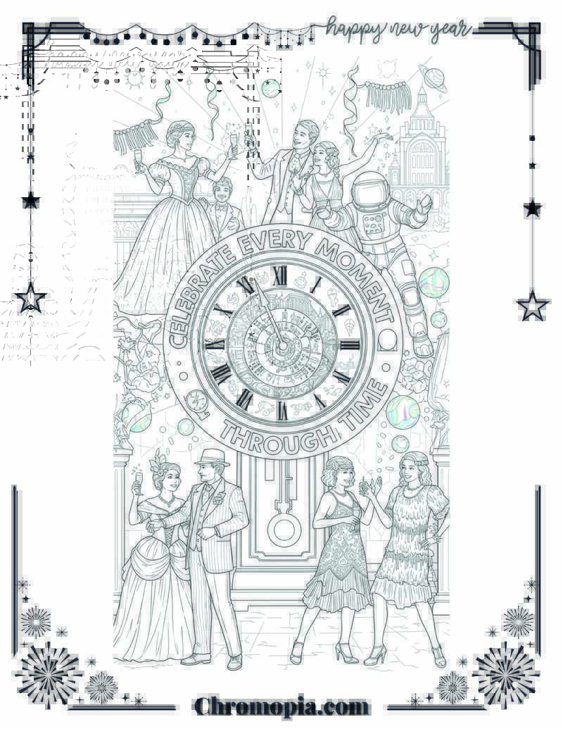 Time Traveler’s New Year Celebration Coloring Sheet