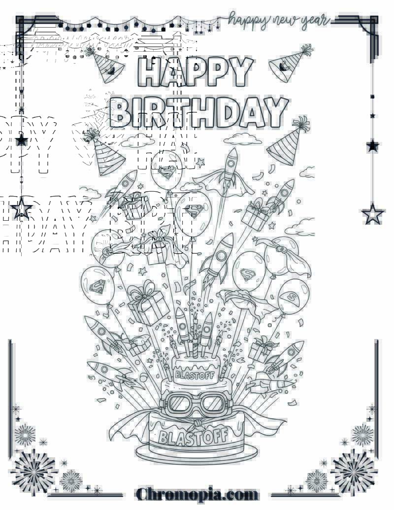 Birthday Balloon Blastoff Superhero Celebration Coloring Sheet